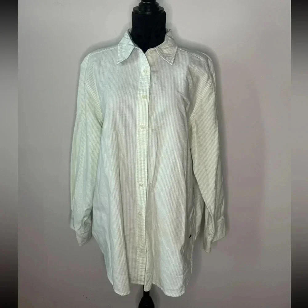 NWOT Tommy Hilfiger Long Sleeve Button Front Shirt Womens White Green